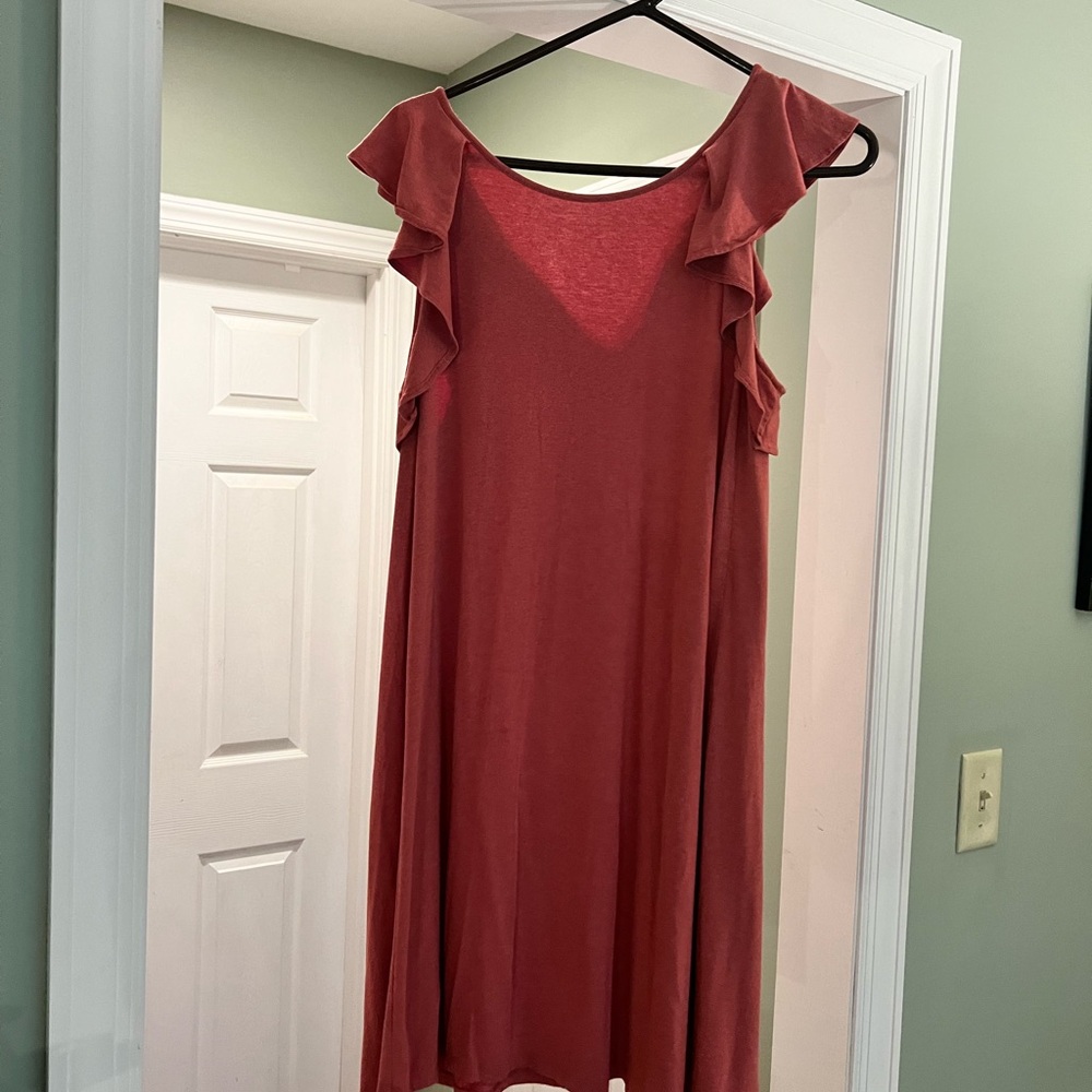 Size M, Ann Taylor Loft, pink Cotton dress with ruffle sleeves.
